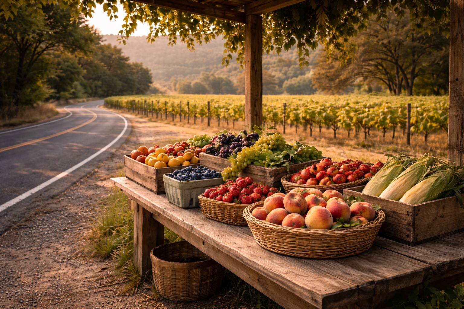  Small roadside farm stand along Silverado Trail in Napa Valley with seasonal fruit, reflecting local agriculture and grower traditions.
