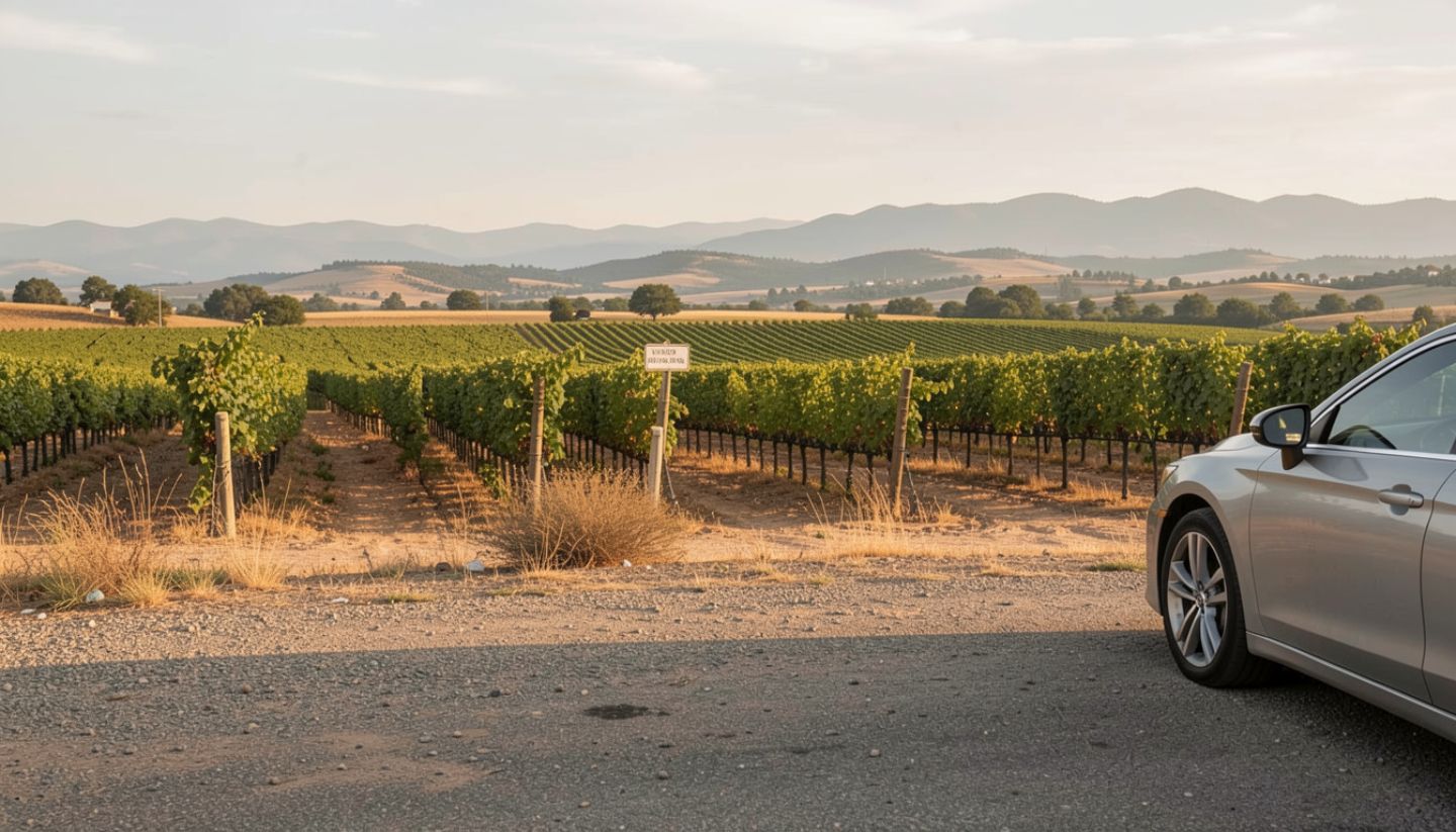 Quiet roadside pullout along Silverado Trail in Napa Valley with vineyards and hills, ideal for landscape photography.