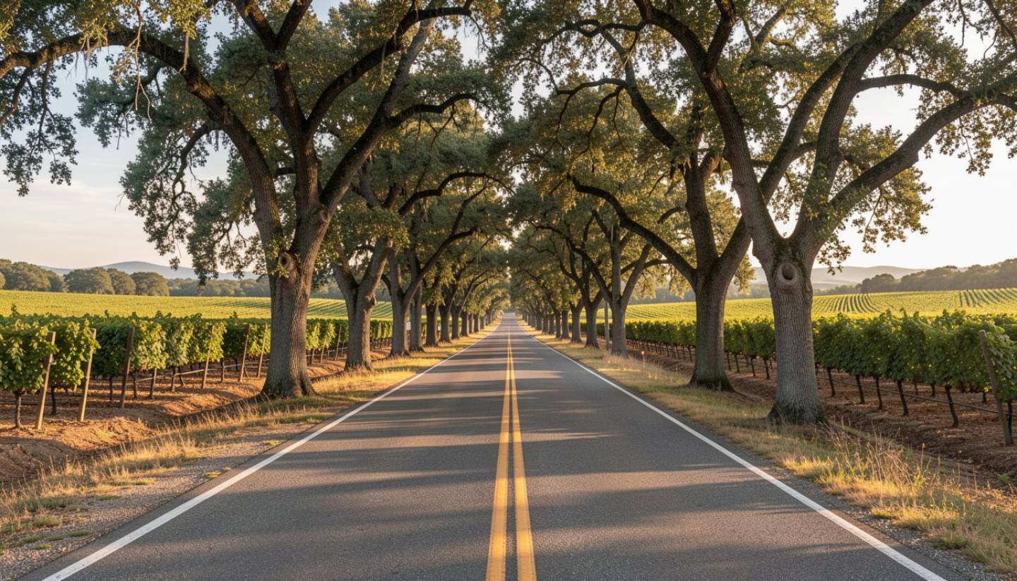 Scenic view of Silverado Trail in the Rutherford and Oakville area of Napa Valley with vineyards and oak trees.