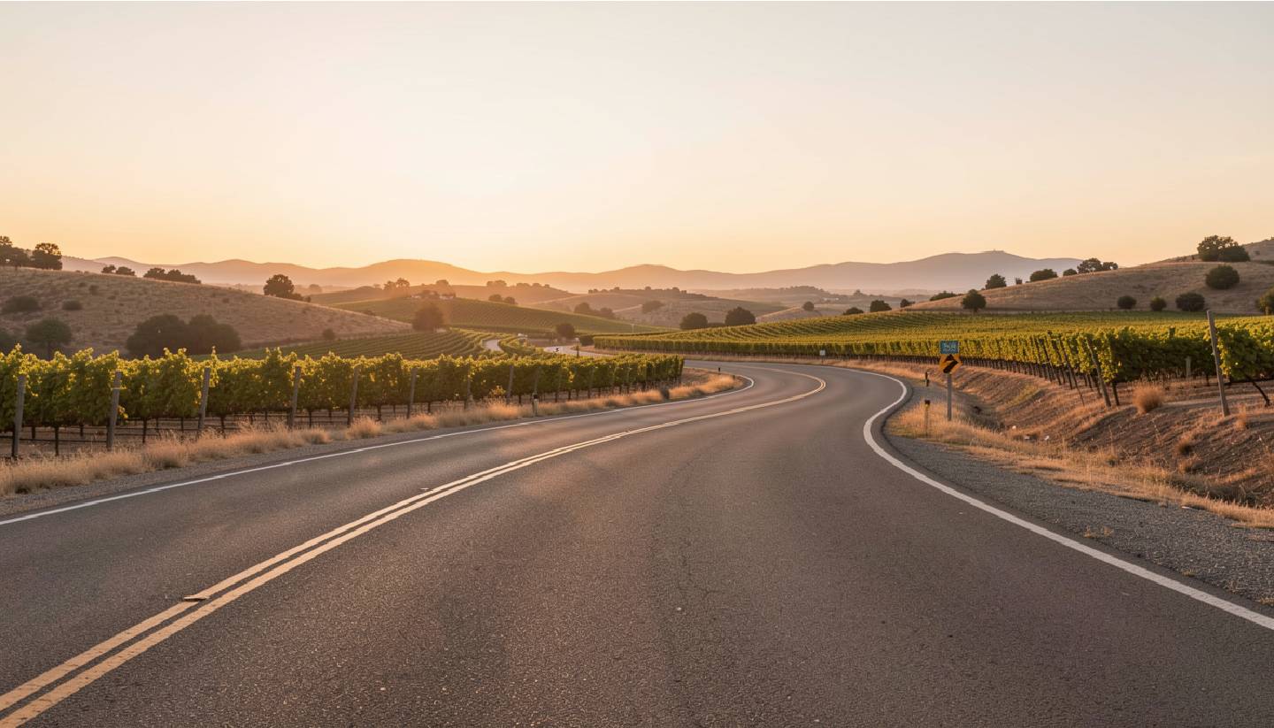 Scenic pullout along Silverado Trail in Napa Valley at sunset, highlighting a calm and reflective moment away from crowds.