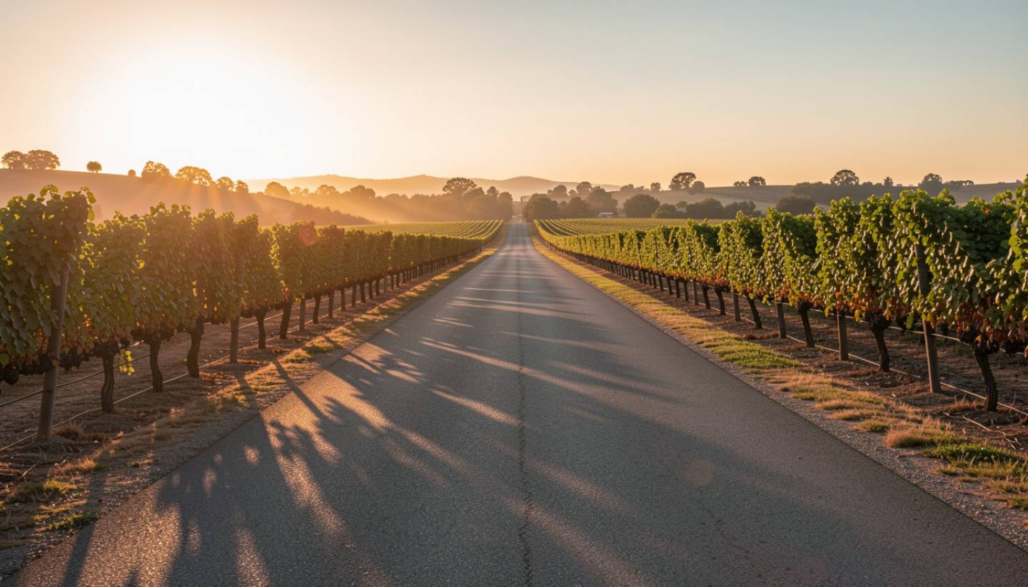Empty Silverado Trail at sunrise in Napa Valley with vineyard rows and soft morning light, illustrating a scenic drive without tasting fees.