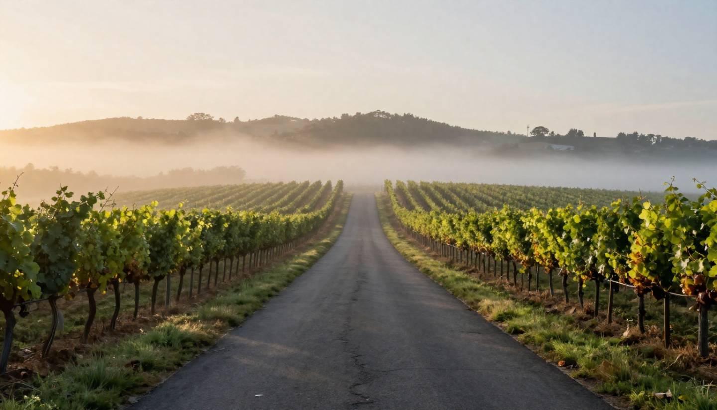 Empty Silverado Trail at sunrise in Napa Valley, lined with vineyard rows and light fog, ideal for crowd free landscape photography.