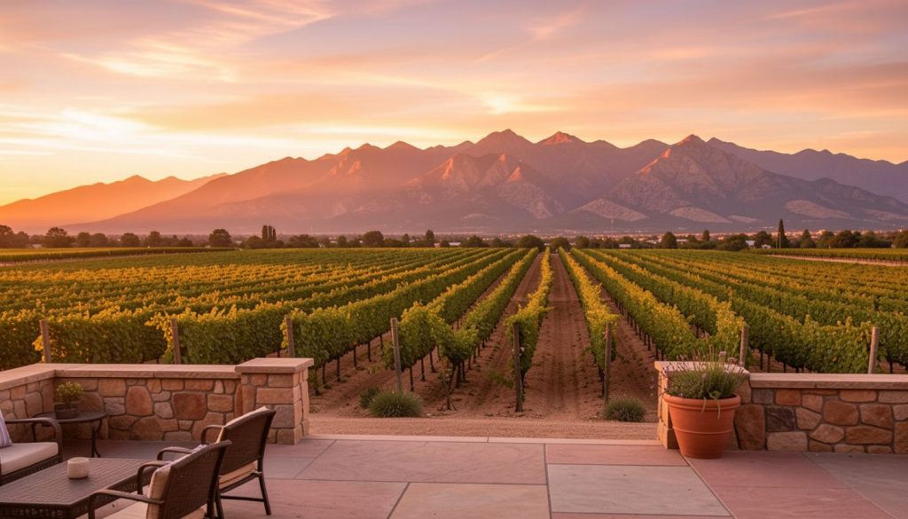 Sunset view from a west-facing terrace along Silverado Trail in Napa Valley, vineyard rows leading toward the Mayacamas foothills during late afternoon wine tasting.