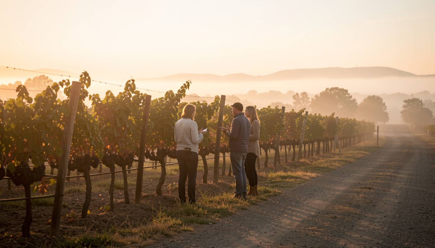 Two people standing along a vineyard fence line on the Silverado Trail at sunrise, talking casually with vines and fog in the background. No wine glasses or branding.