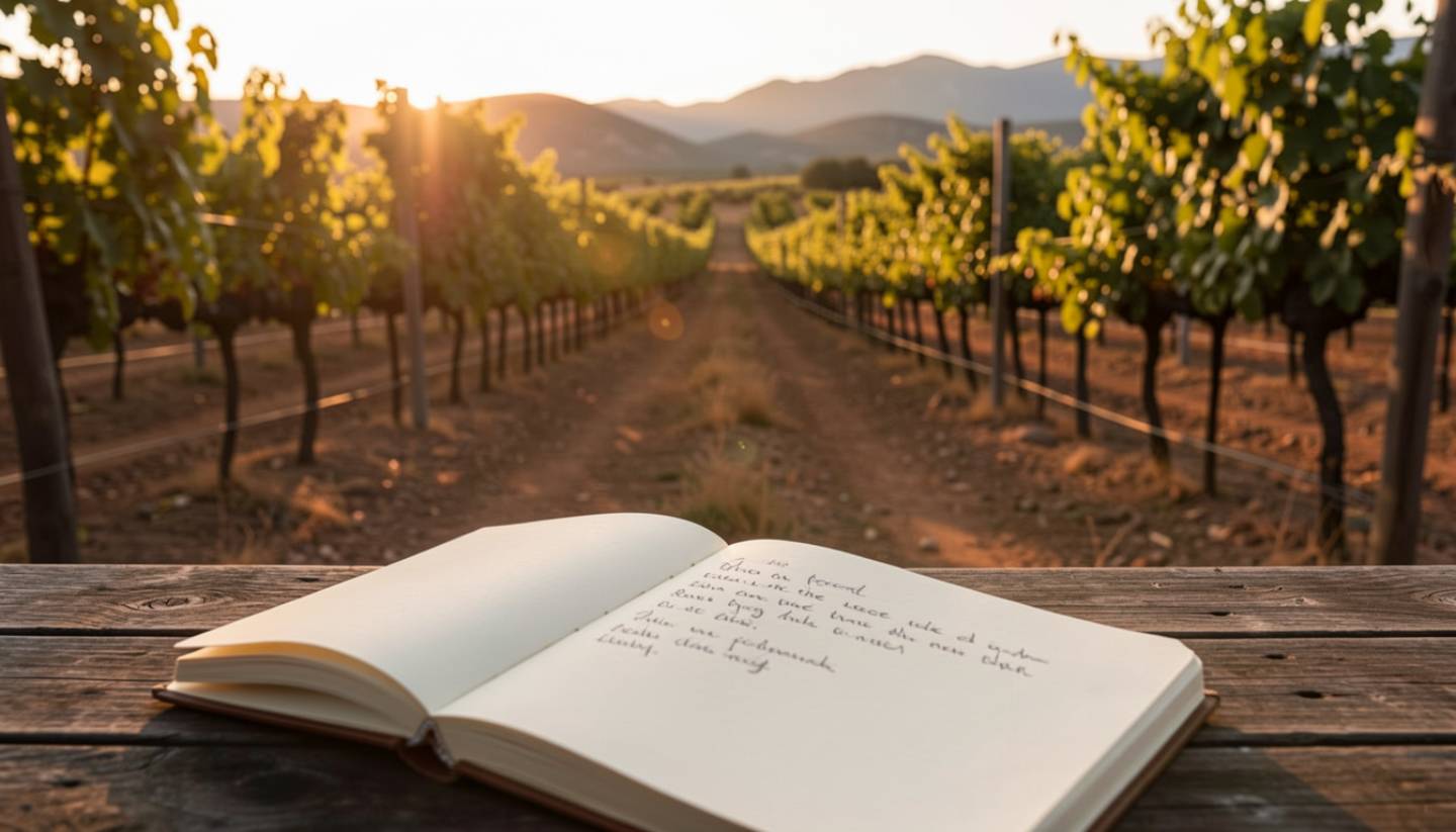 A notebook placed beside vineyard rows along the Silverado Trail in Napa Valley during soft late afternoon light.