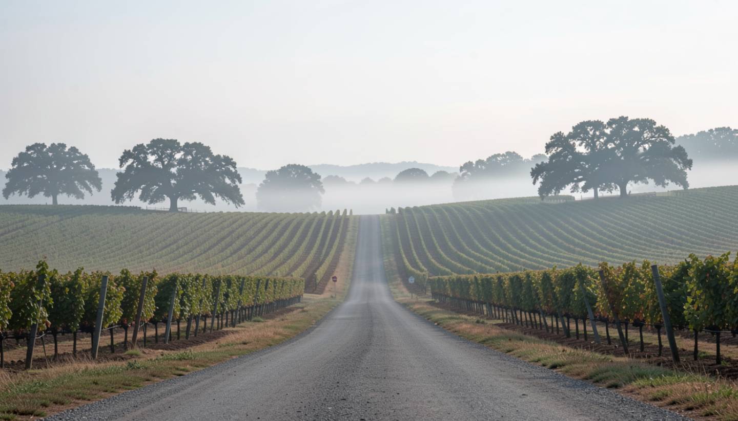Empty vineyard road off the Silverado Trail in Napa Valley at dawn, with fog lifting over vineyard rows and oak trees under soft morning light.