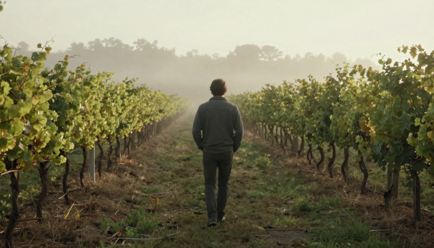 Person walking alone along a quiet vineyard road in Napa Valley, illustrating reflection and solitude during a creative retreat.
