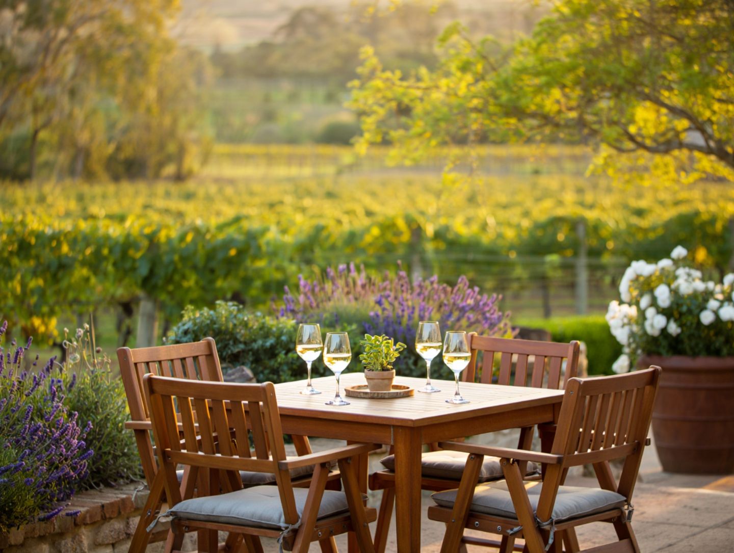 Outdoor seated wine tasting in Napa Valley during spring with vineyard views and garden surroundings.
