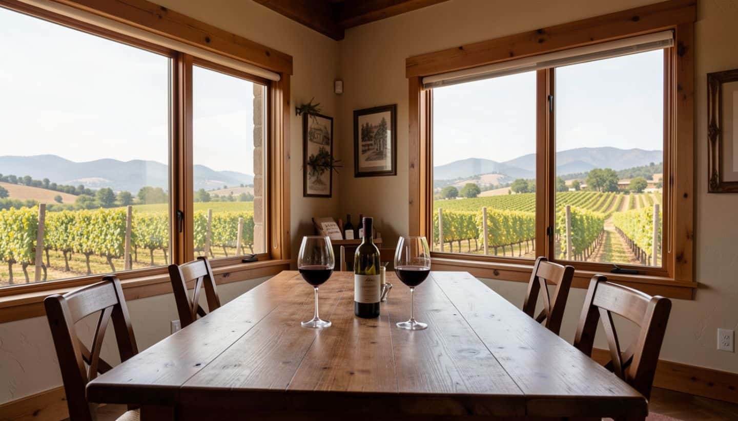 Private seated Cabernet tasting inside a St. Helena estate winery with vineyard views through large windows in Napa Valley.
