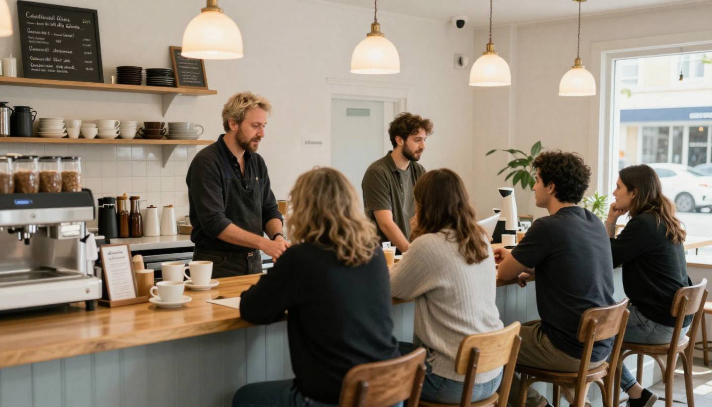 Locals sitting at a café counter in St. Helena Napa Valley, having casual morning conversations over coffee.