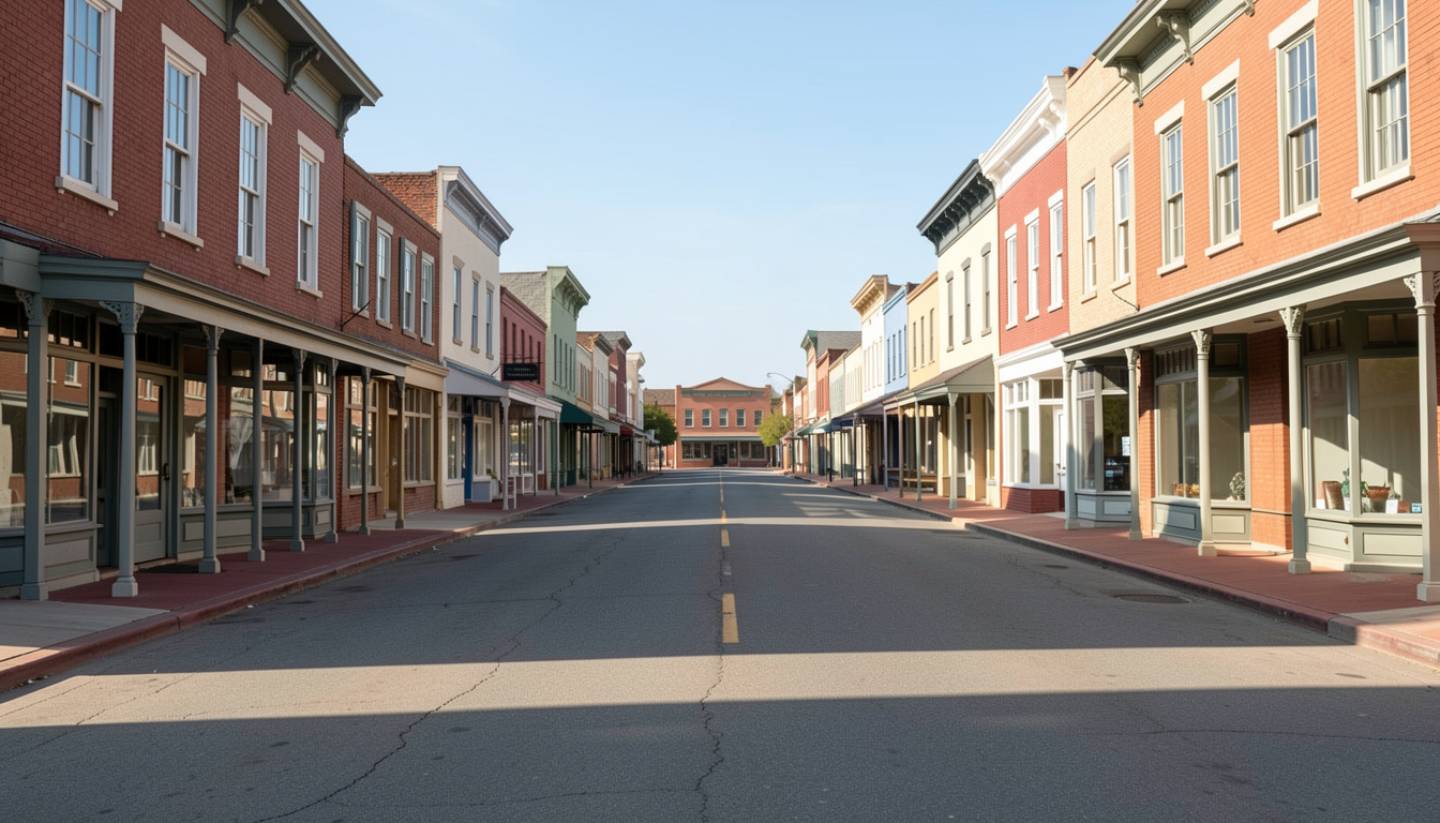 Walkable historic street in St. Helena, Napa Valley, lined with preserved buildings and small shops in soft daylight.