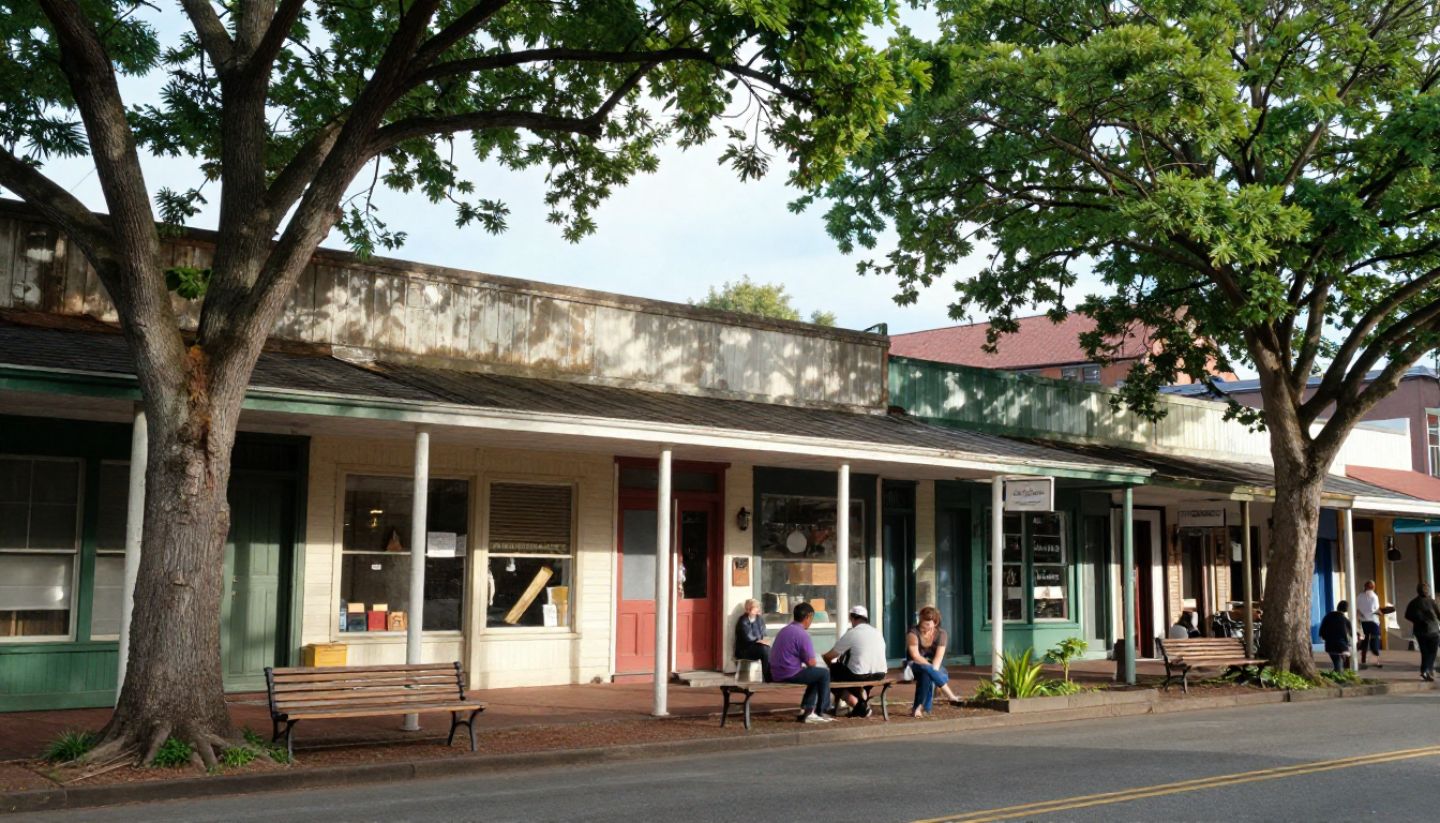 Main Street in St. Helena, Napa Valley, showing a walkable small town with shops, trees, and benches.