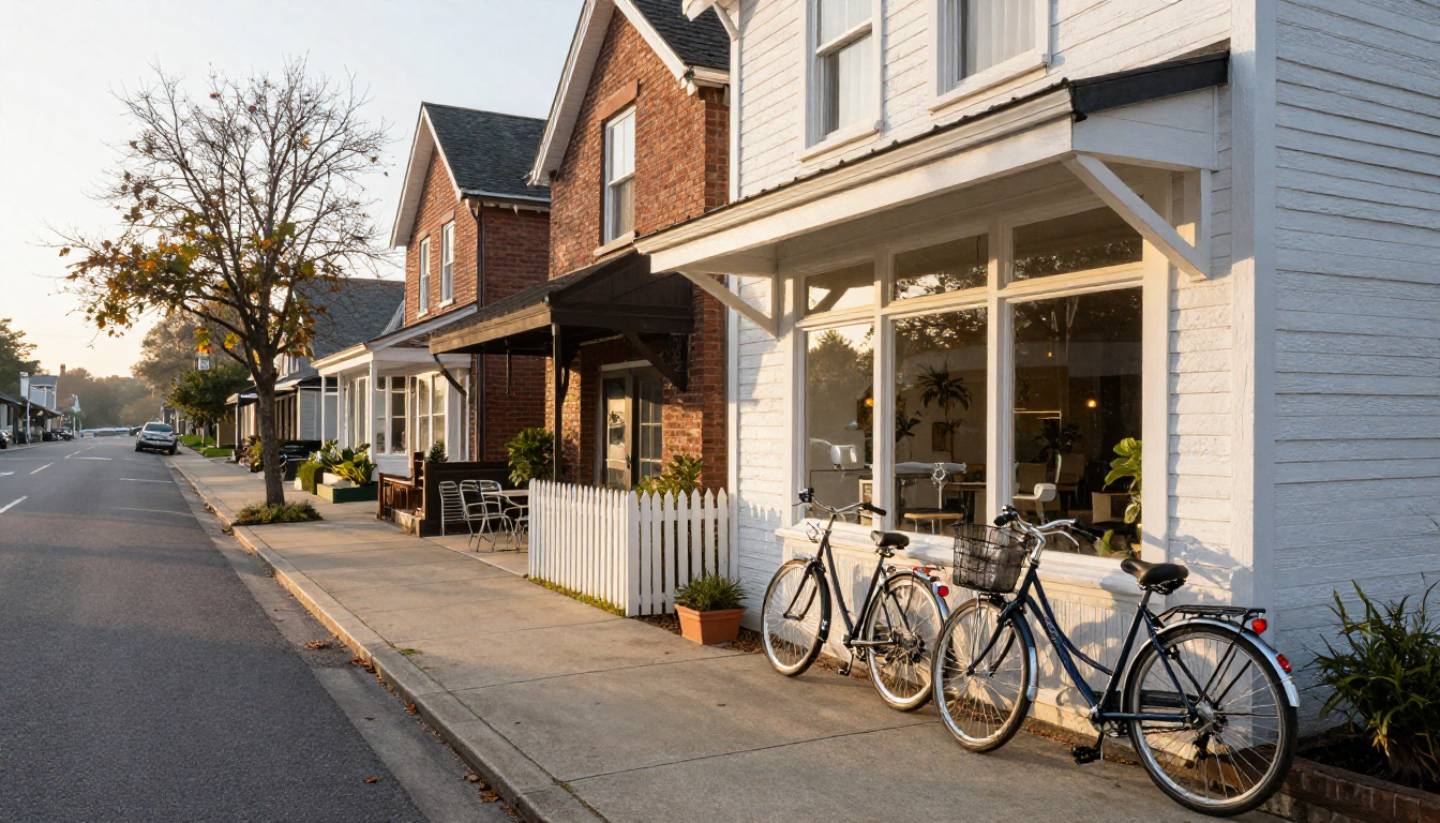 Quiet street in St. Helena or Yountville with a boutique hotel exterior and bicycles, highlighting walkable lodging in Napa Valley.