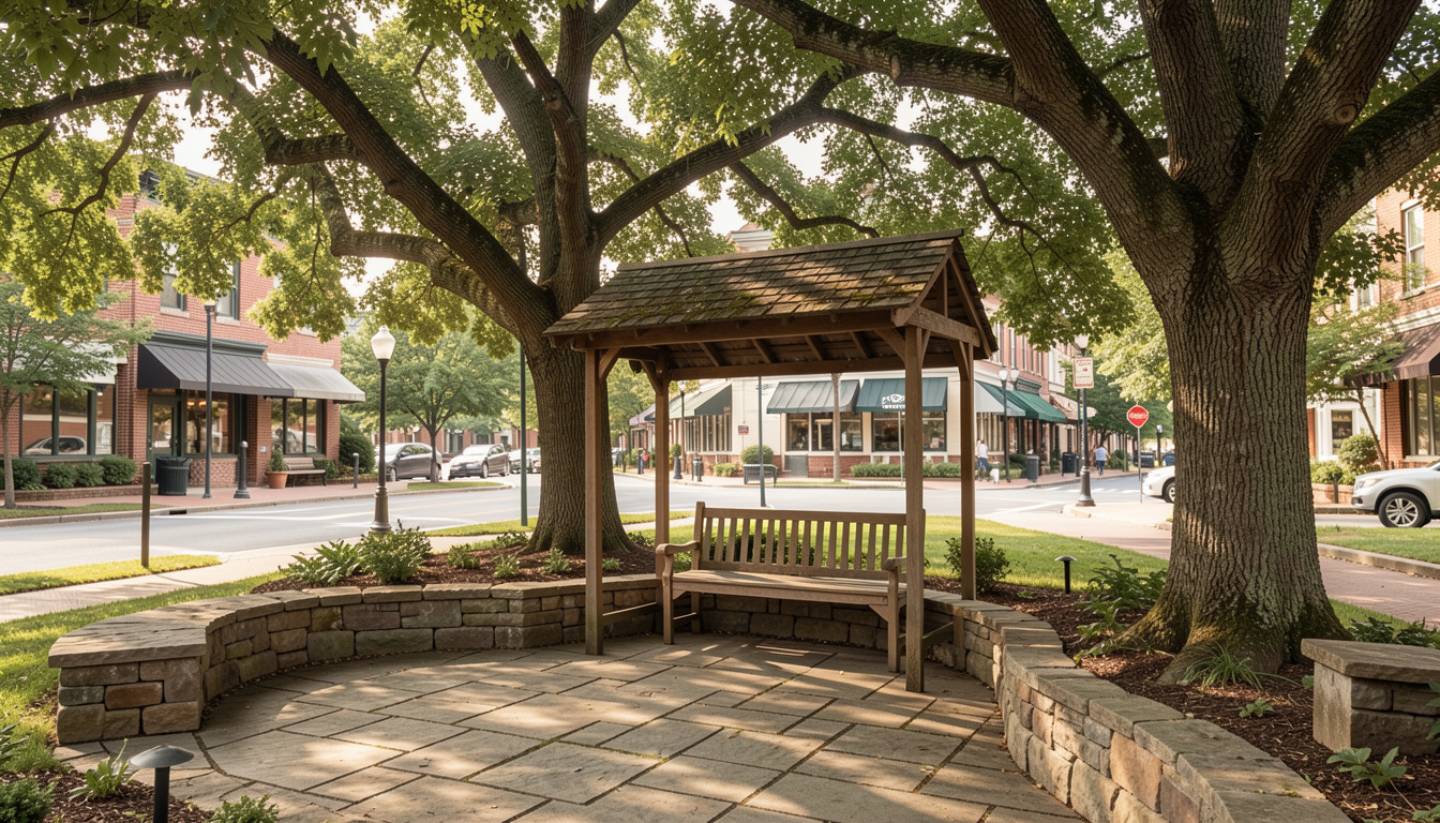 Shaded garden bench in St. Helena, Napa Valley with trees and soft light, creating a quiet and romantic proposal setting.