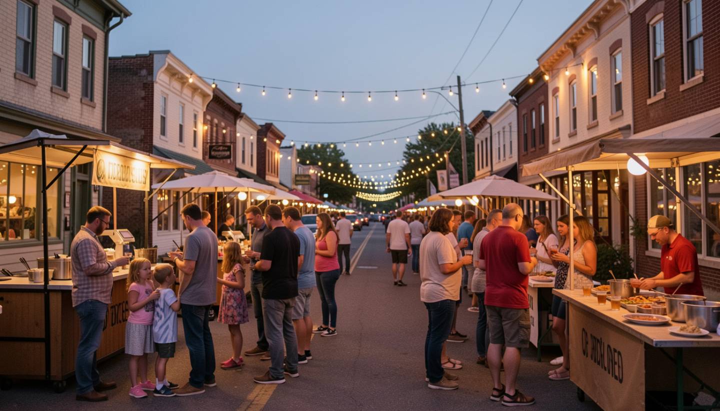 An evening community festival in Napa Valley with string lights across a small-town street, locals walking and talking near food stands and outdoor seating at dusk.