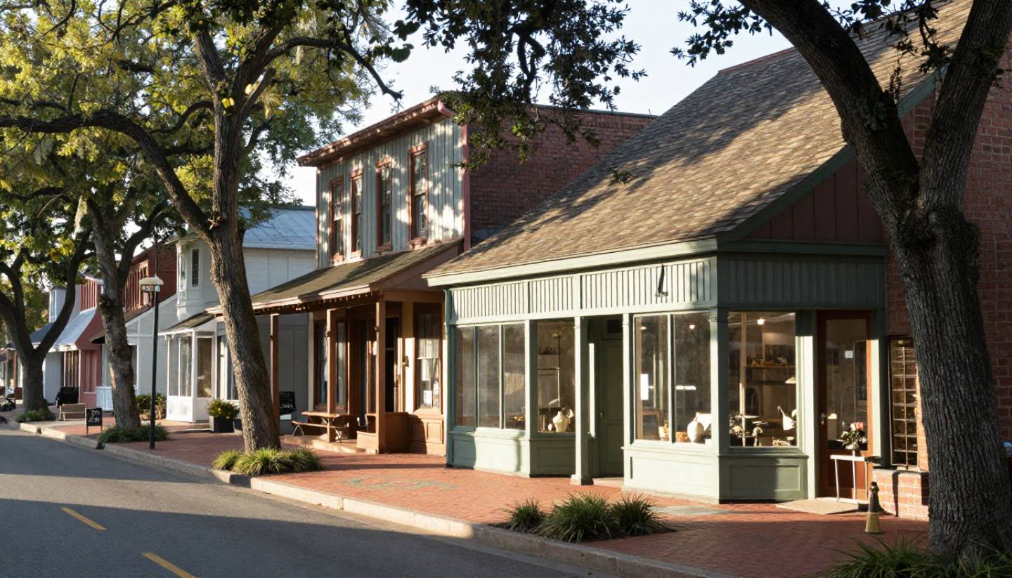 Quiet walkable street in St. Helena, Napa Valley, with soft morning light and storefronts, ideal for reflective walks during a creative writing trip.