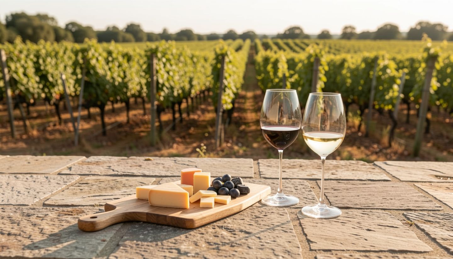 “Two glasses of wine on an outdoor winery patio in Napa Valley with vineyard views, representing a sustainable wine tasting experience and relaxed travel itinerary.”