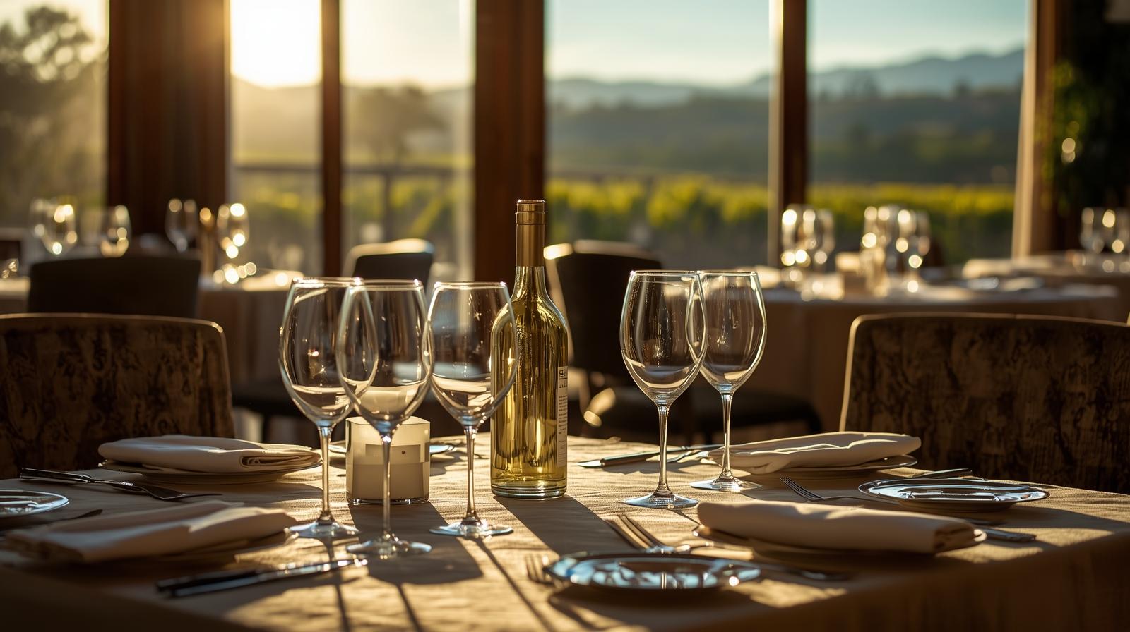  Elegant Napa Valley restaurant dining room prepared for a chef driven meal with wine pairings
