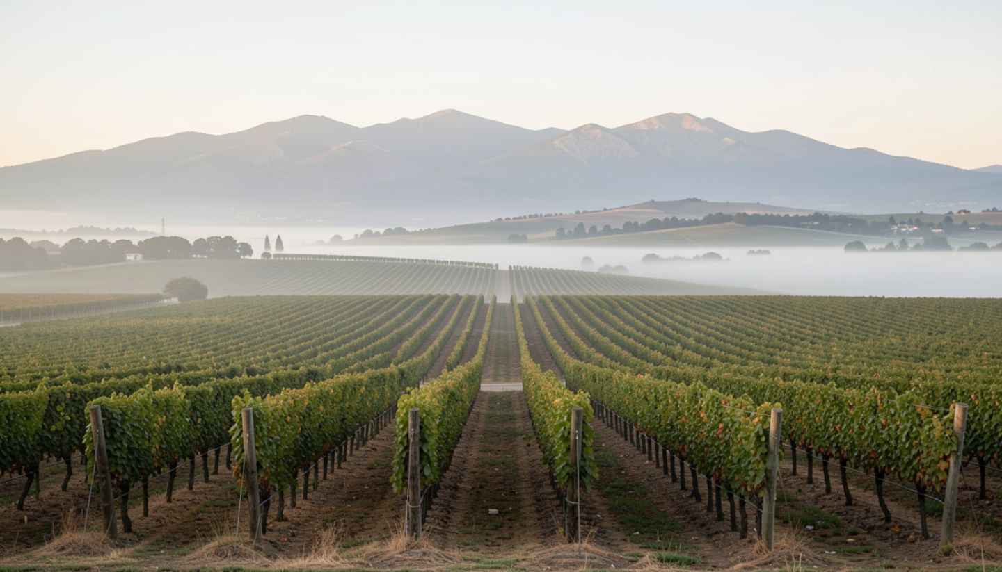 Early morning view of Napa Valley vineyard rows with fog lifting over the Rutherford benchlands and the Mayacamas Mountains, representing a relaxed three-day Napa Valley itinerary.