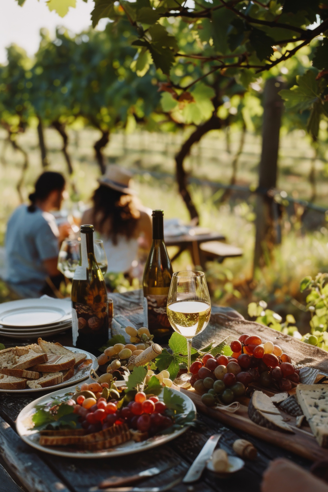 Guests enjoying a picnic on the lawn at V. Sattui Winery in St. Helena Napa Valley.