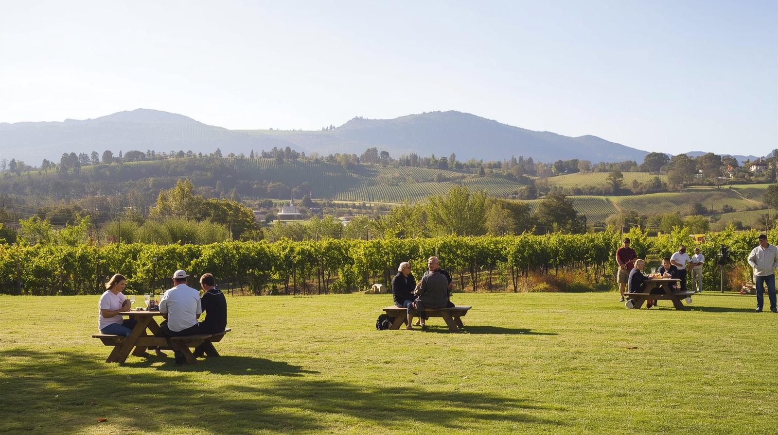 Guests enjoying a picnic on the lawn at V. Sattui Winery in St. Helena, Napa Valley.
