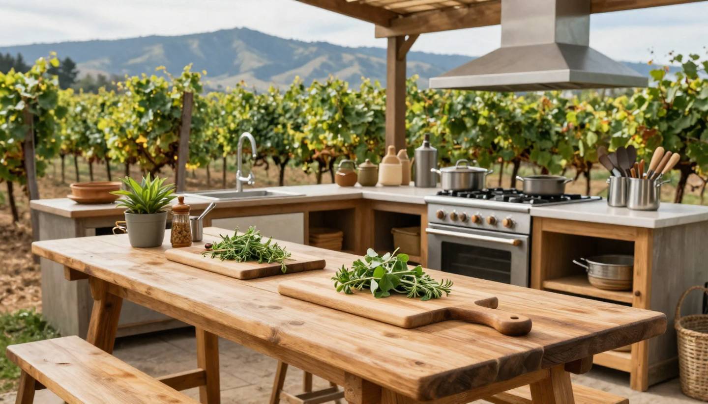 Outdoor cooking workshop in a Napa Valley vineyard kitchen with seasonal ingredients and mountain views, illustrating a hands on culinary experience.