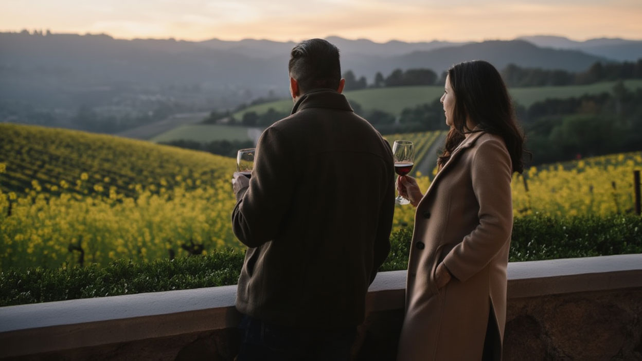 Couple enjoying wine together in Napa Valley during winter, overlooking vineyards filled with yellow mustard flowers before an evening dinner reservation.
