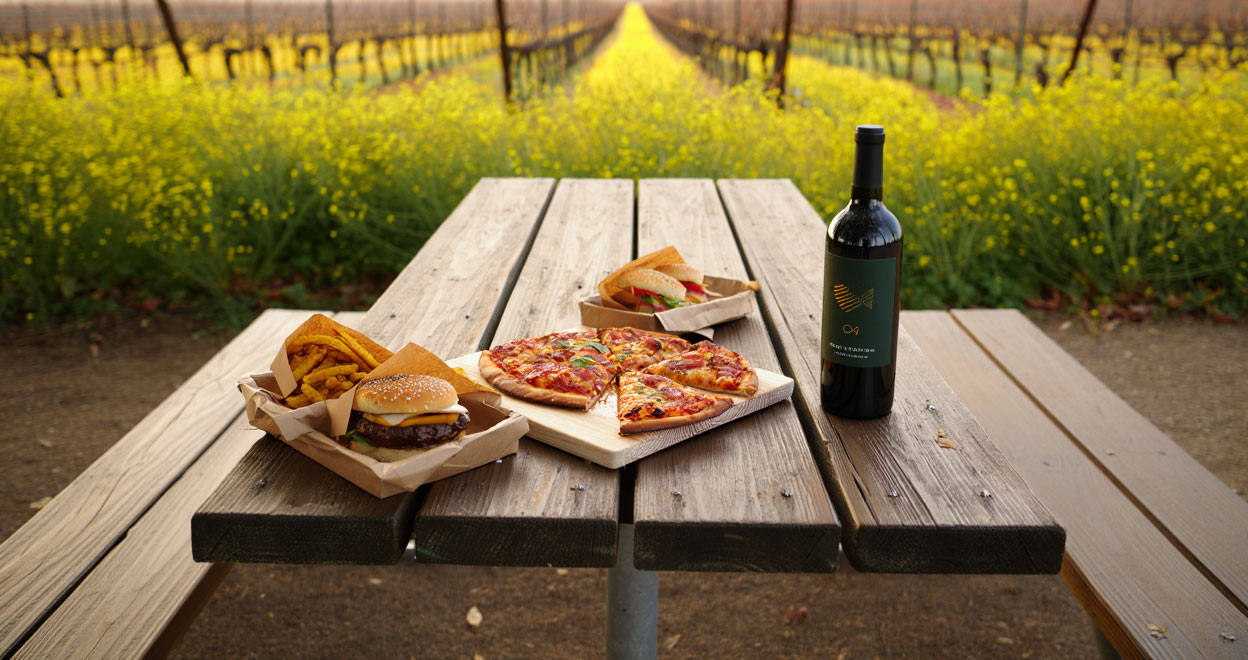 Burger and fries at a casual roadside restaurant along Highway 29 in Napa Valley.