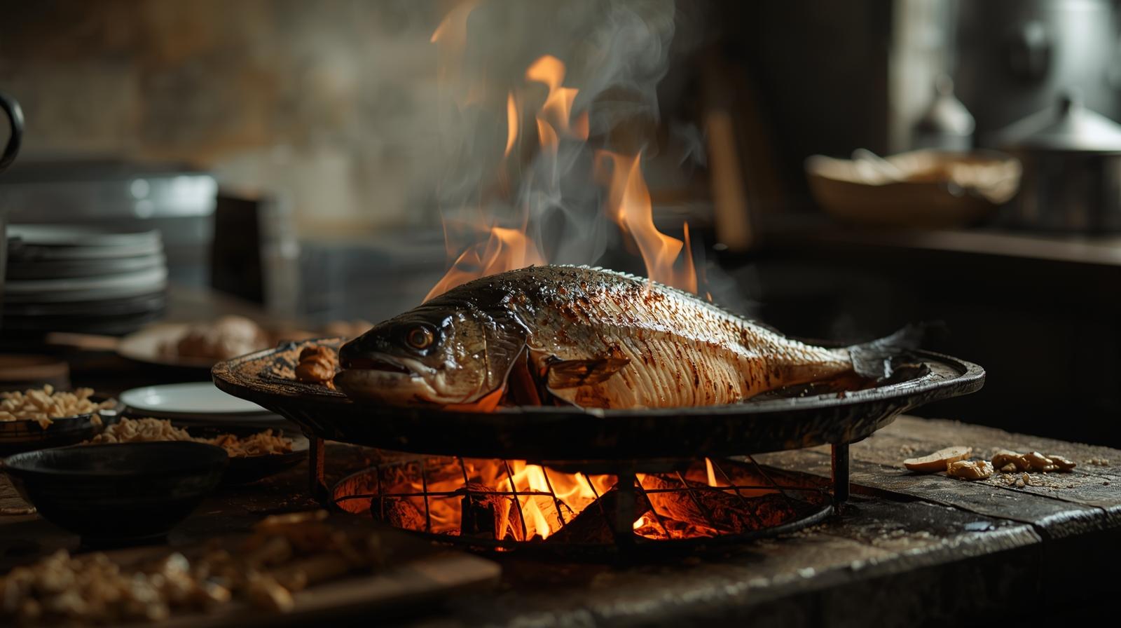  Wood fired whole fish prepared at a Napa Valley restaurant with simple seasoning and rustic presentation.