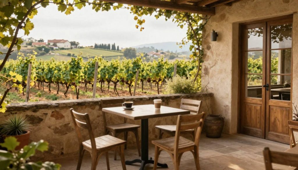 Quiet courtyard at a boutique hotel in Yountville, Napa Valley with outdoor seating and soft afternoon light.