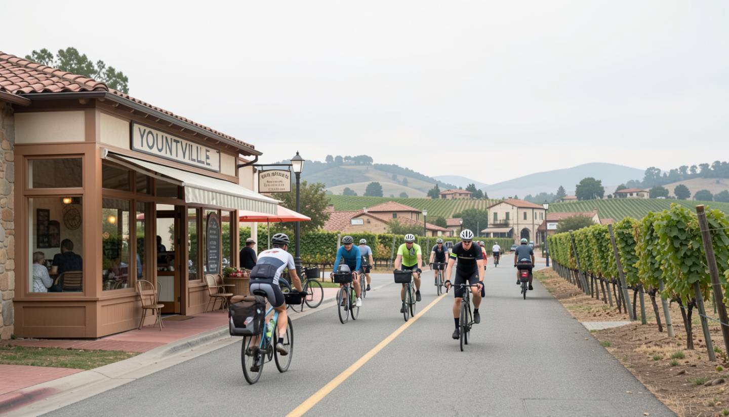 Cyclists riding through Yountville in Napa Valley on a calm morning, illustrating an easy and connected cycling route between towns and wineries.
