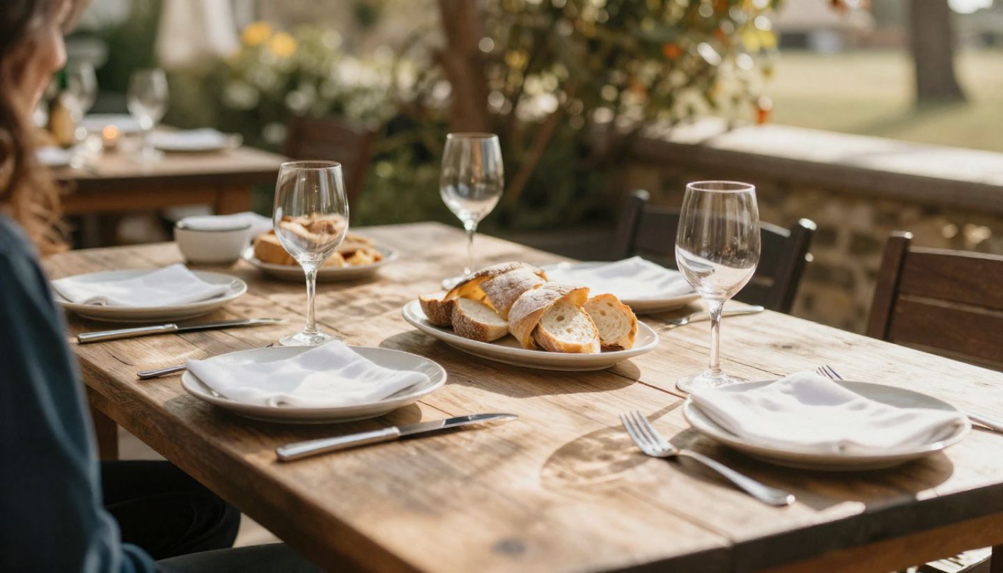 Outdoor lunch table in Yountville Napa Valley with local food and wine, representing a relaxed midday meal during a one-day Napa visit.