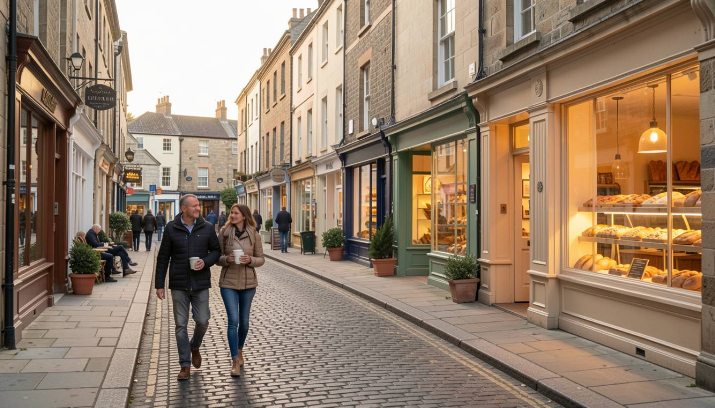 Quiet small-town street in Yountville, Napa Valley during late morning, with people walking slowly, holding coffee, and storefronts opening under soft daylight