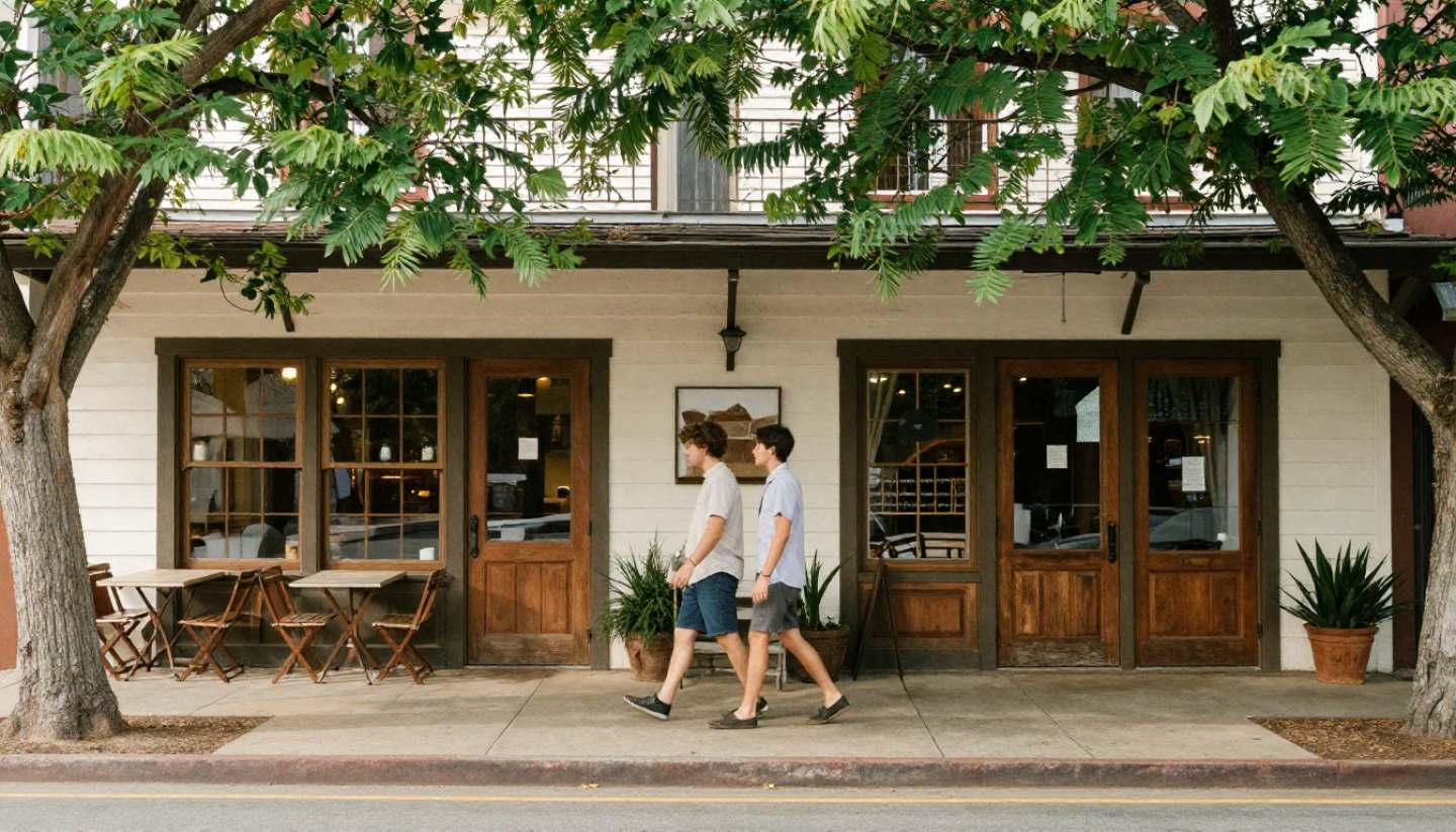 Couple walking through Yountville, Napa Valley, with tasting rooms and shaded sidewalks in the afternoon.