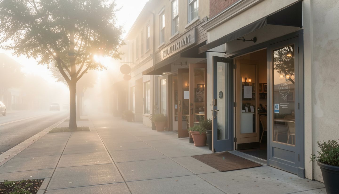 Early morning street in Yountville, Napa Valley, with small shops opening and people walking calmly through town.
