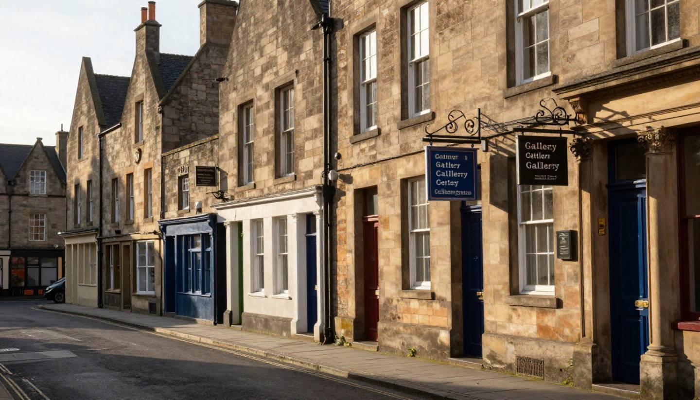 Historic street in Yountville, Napa Valley, with gallery signage and stone architecture in soft afternoon light, ideal for museum hopping on foot.