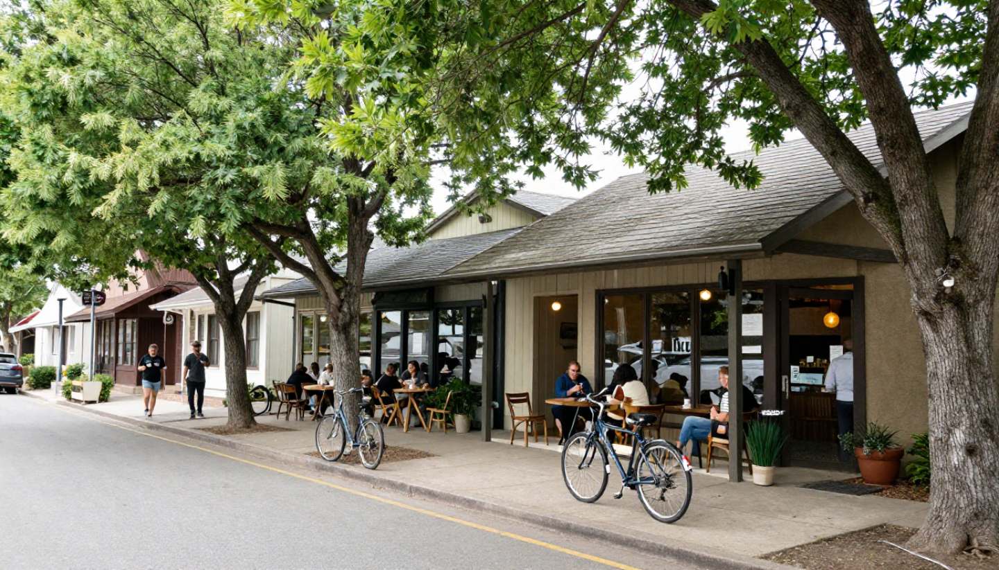 Visitors walking through a tree-lined street in Yountville or St. Helena with tasting rooms during a Napa Valley weekend.