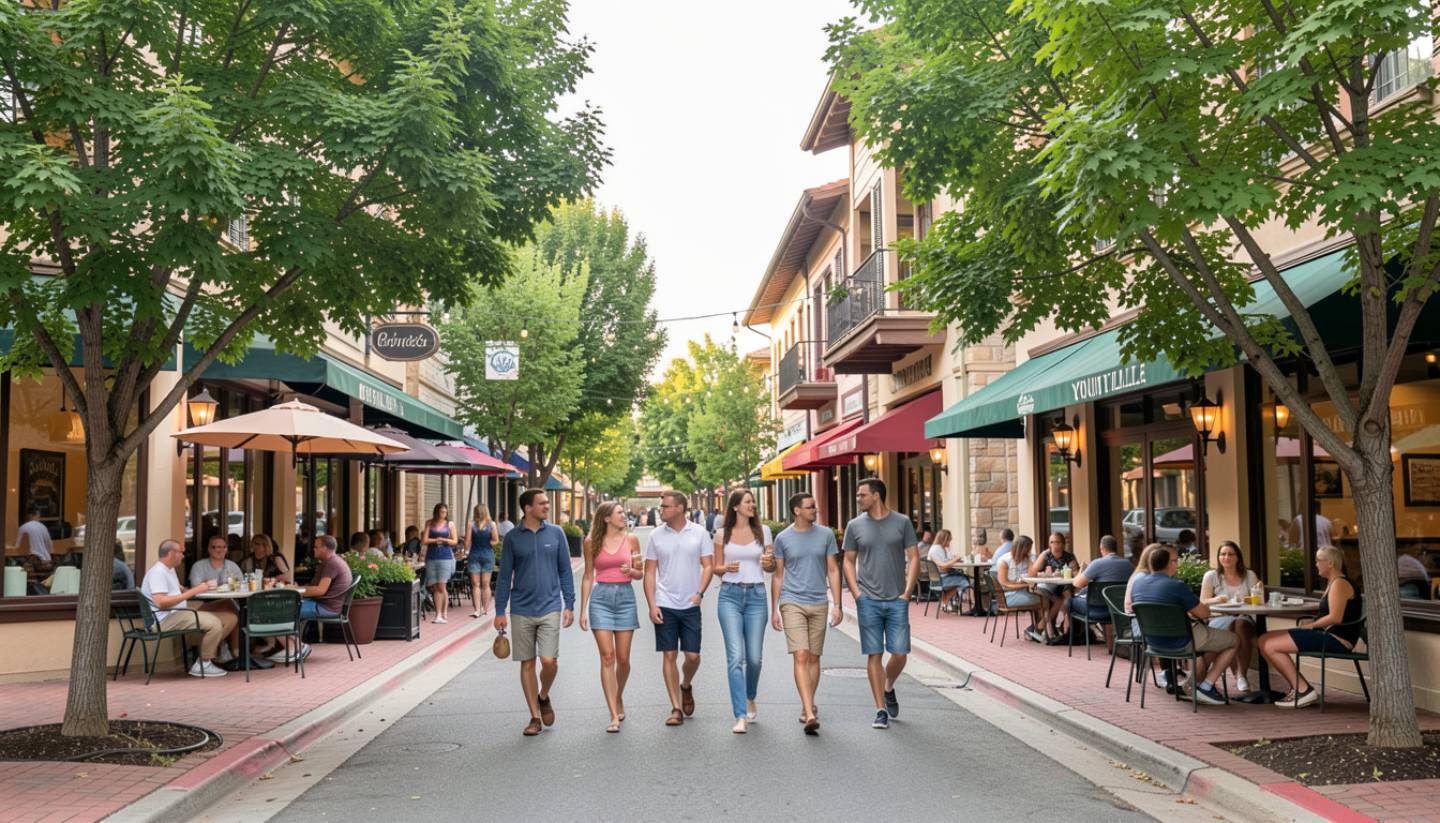 Large group walking through Yountville near Napa Valley hotels, highlighting walkable lodging, dining access, and relaxed travel pace.