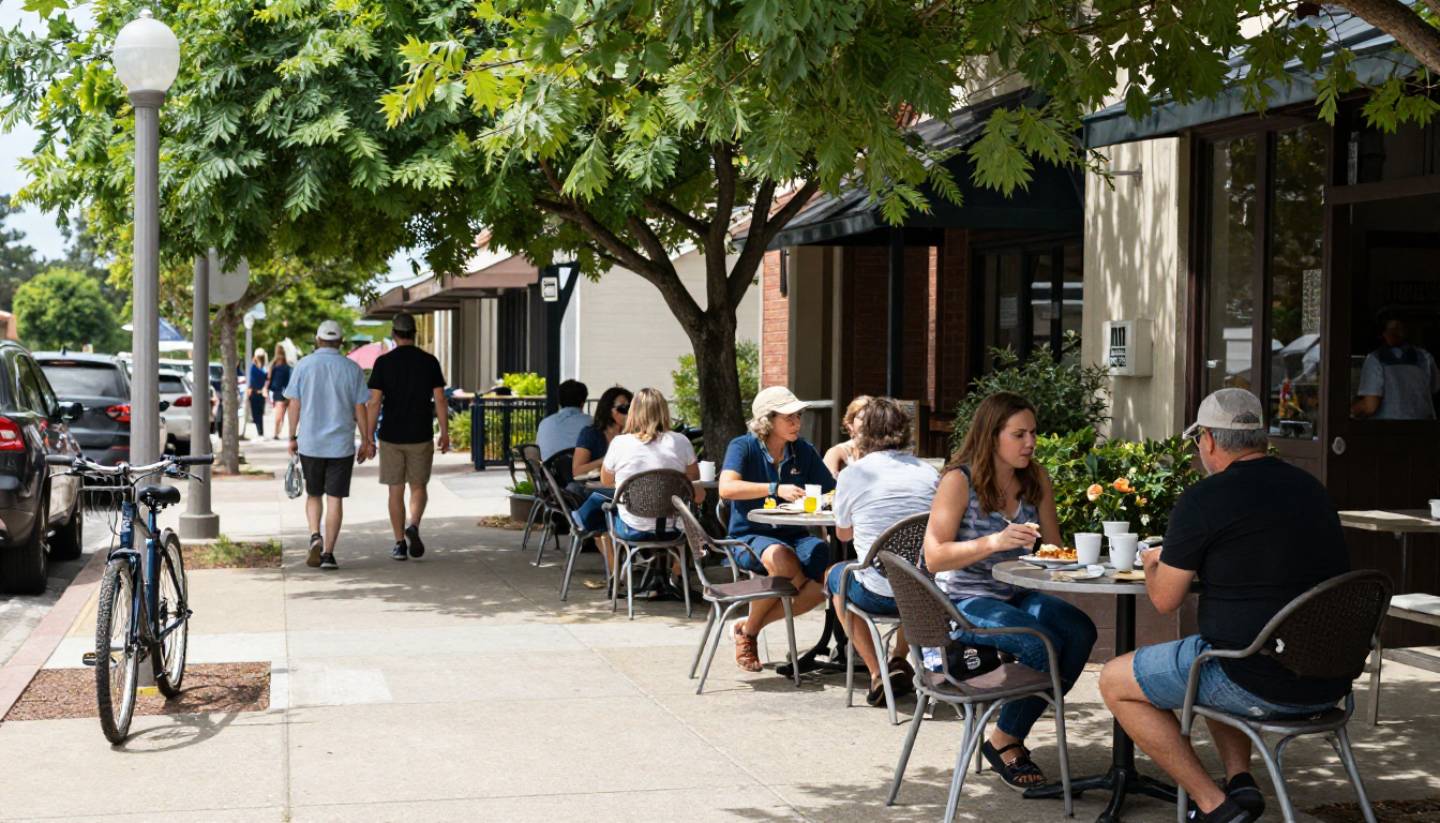 Outdoor lunch scene in Yountville, Napa Valley, with walkable streets, shaded tables, and relaxed afternoon light.