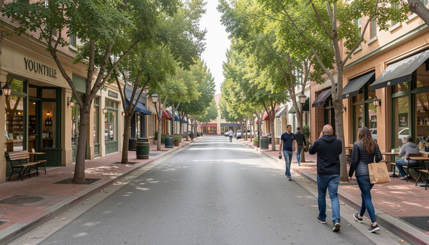 Visitors walking through Yountville, Napa Valley, with tasting rooms and shaded sidewalks on a relaxed afternoon.