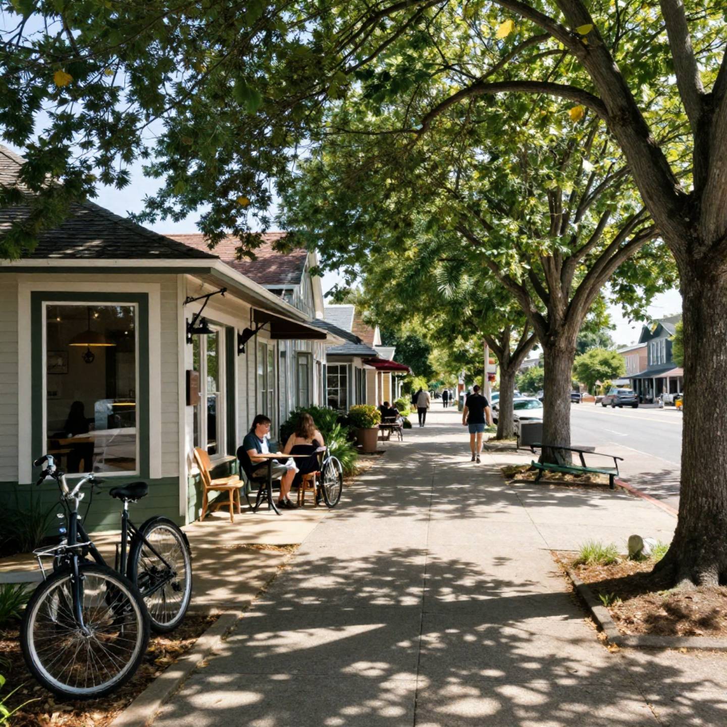 Visitors walking through Yountville in Napa Valley with tasting rooms, shaded sidewalks, and bicycles during a quiet weekend afternoon.