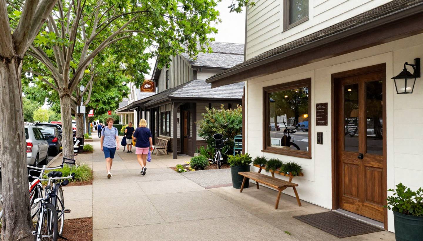 Visitors walking through Yountville, Napa Valley, with tasting rooms and shaded sidewalks during a weekend afternoon.