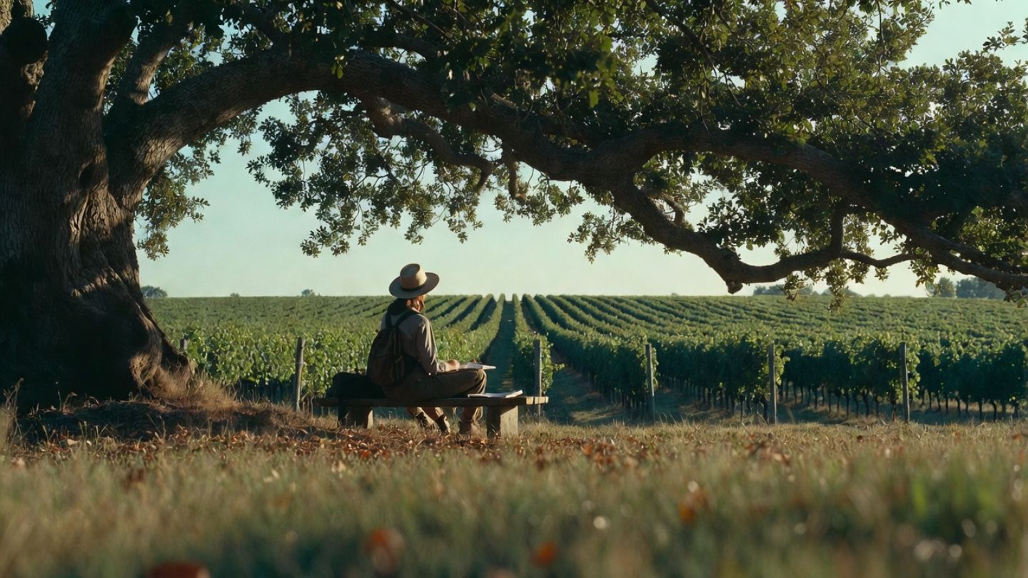 traveler meditating and journaling under a large oak tree overlooking a peaceful Napa Valley vineyard landscape.
