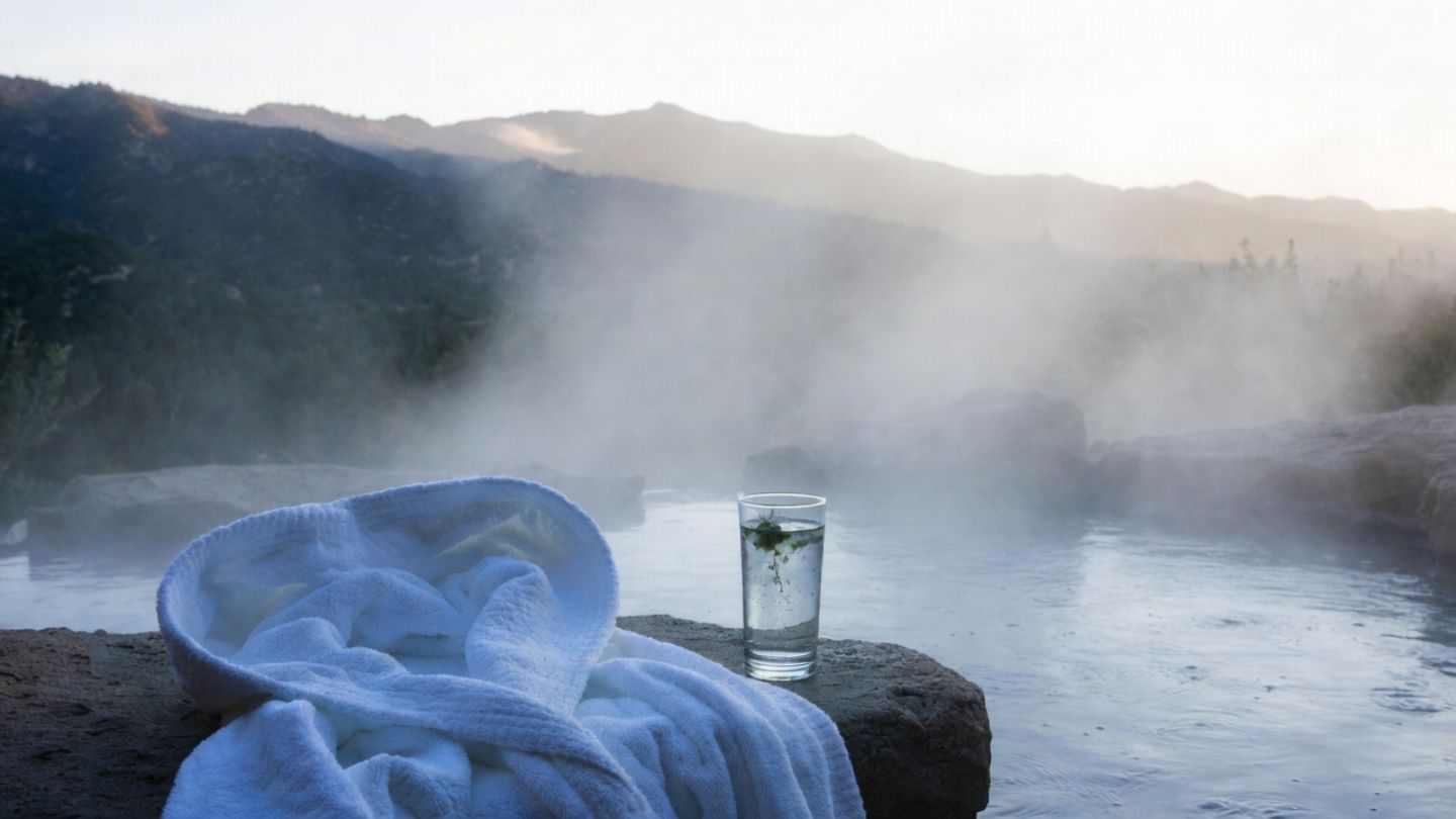 Steaming outdoor thermal pool in Calistoga surrounded by stone tiling and lush greenery at a luxury wellness resort.
