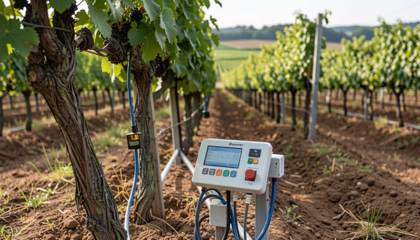 Vineyard technology in Napa Valley featuring soil moisture sensors and irrigation systems used to manage water use and improve sustainable grape growing.
