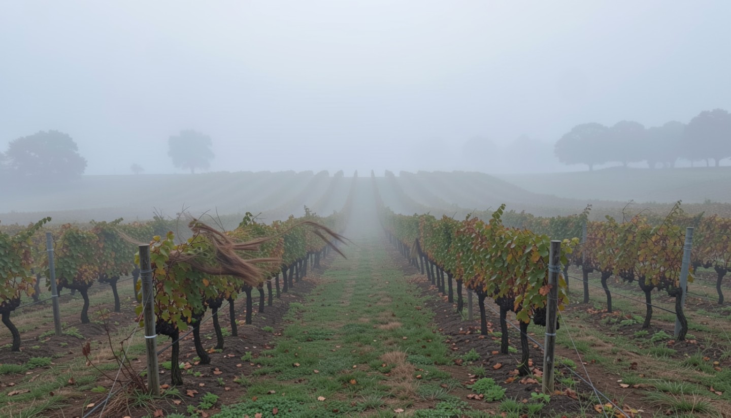 Carneros vineyards in Napa Valley under fog and wind, illustrating cool-climate viticulture, adaptive canopy management, and sustainable vineyard science.