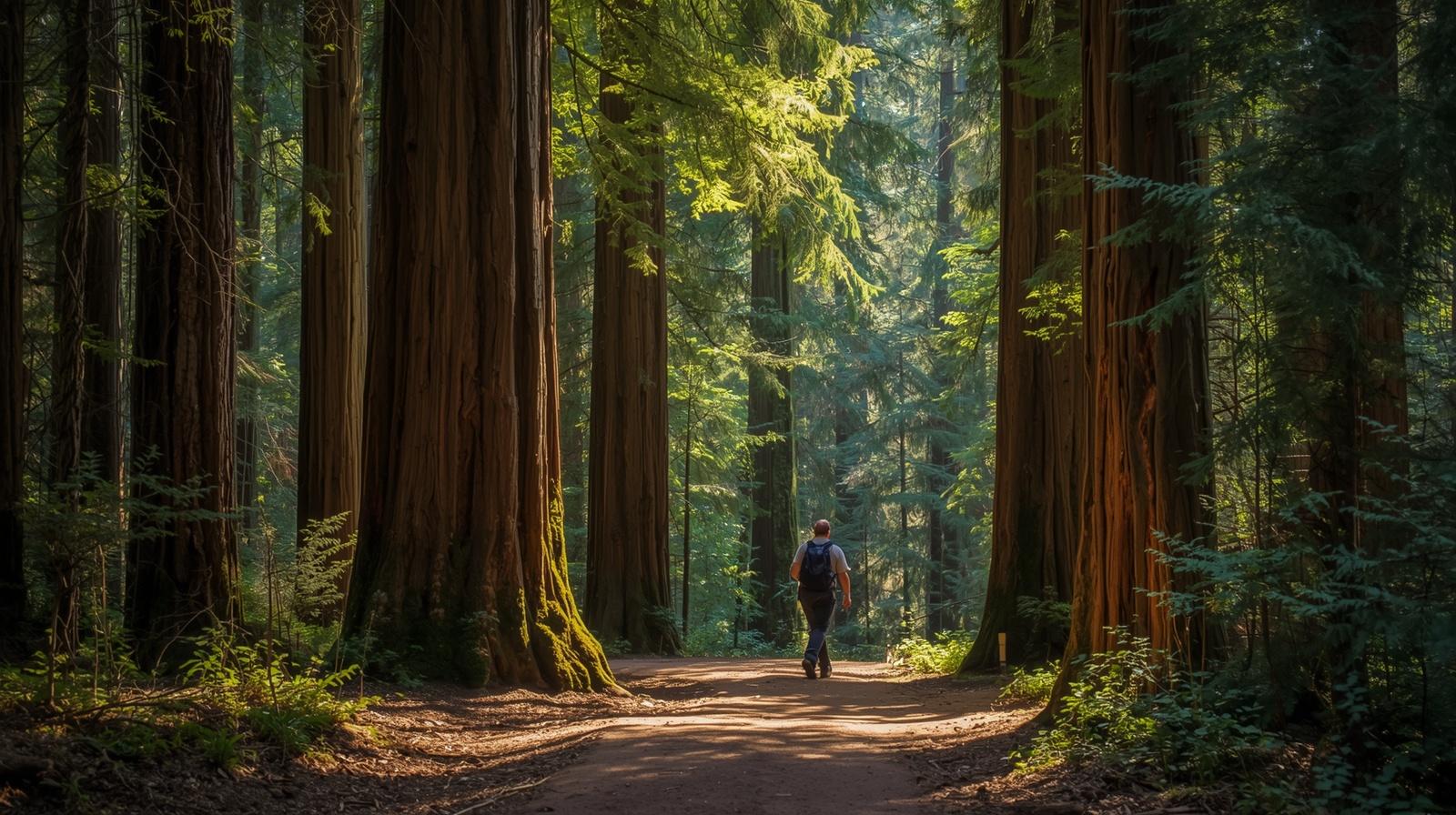 Hiker walking quietly through redwood and oak woodland in Bothe Napa Valley State Park near Calistoga, representing peaceful hiking acoustics and natural soundscape experiences in Napa Valley.
