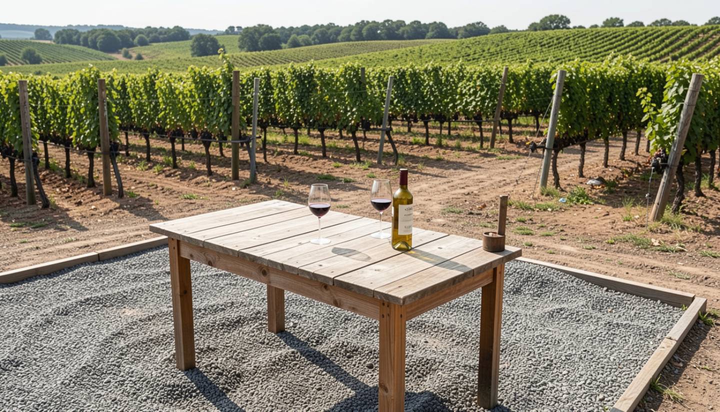 Outdoor appointment-only wine tasting at a small boutique winery in Napa Valley, with a wooden table, wine glasses, and vineyard rows in the background.
