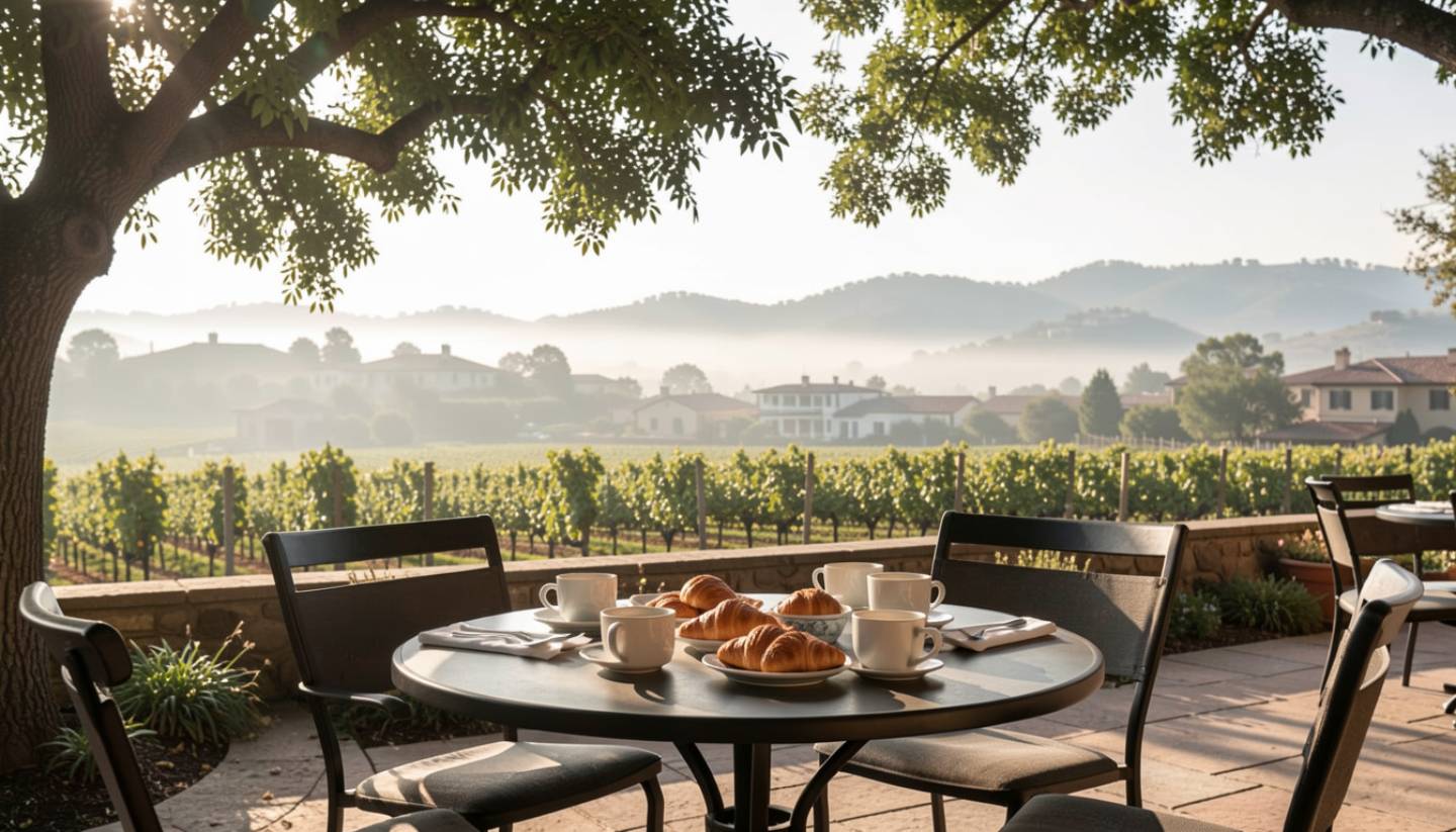 Late morning brunch on an outdoor patio in Napa Valley with coffee, pastries, and soft sunlight creating a calm, unhurried atmosphere.