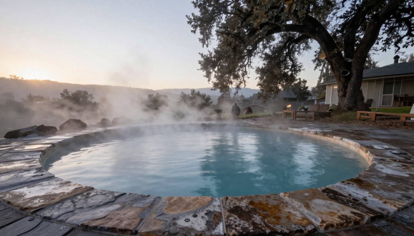 Early morning view of a natural hot springs pool in Calistoga, Napa Valley, with steam rising from mineral water as fog lifts among oak trees.